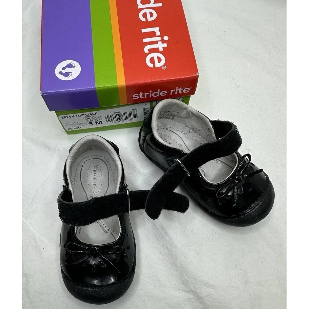 Stride Rite Mary Jane Black Girls Patent Leather Bow Sz 5 M with box